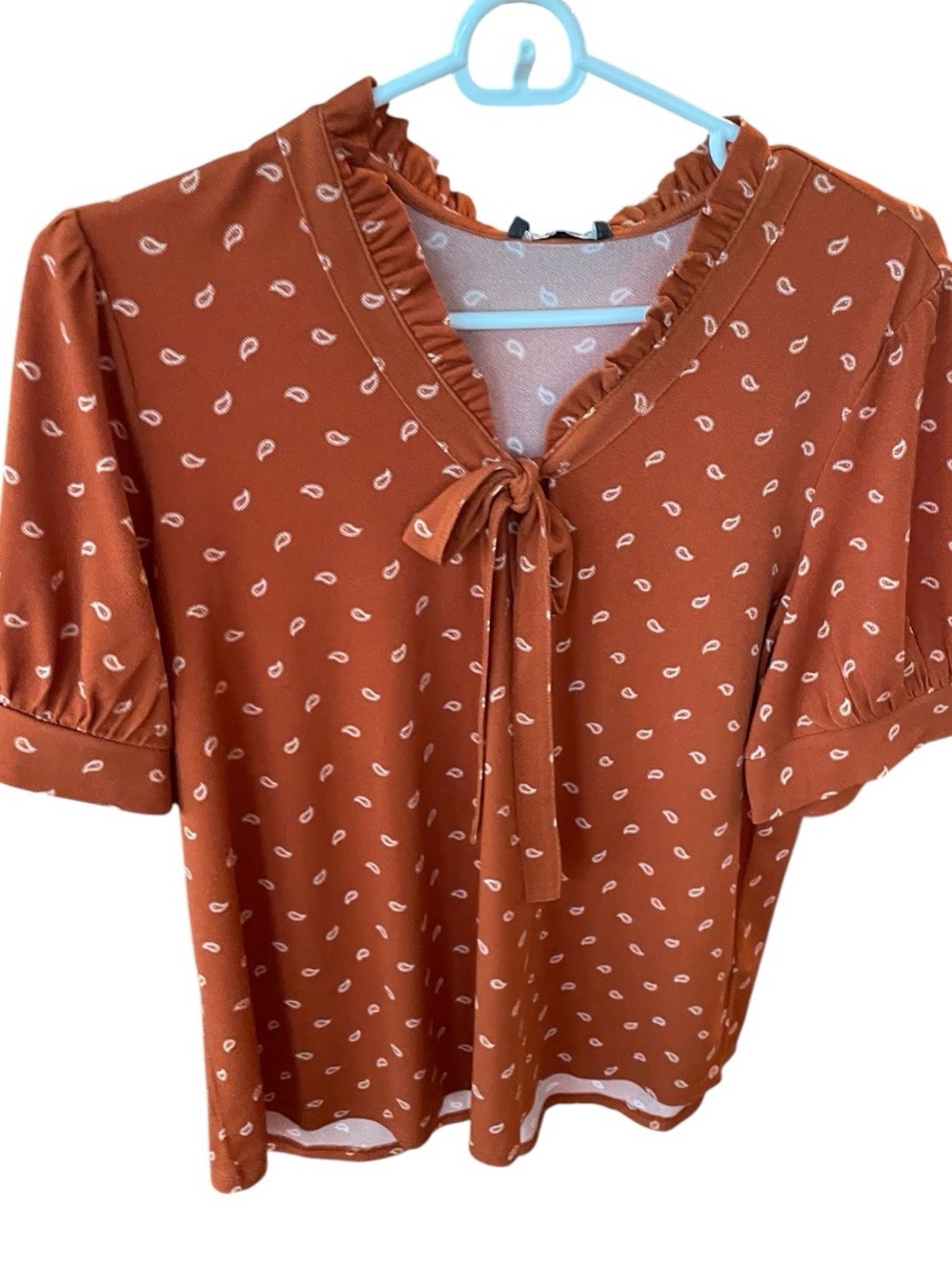 Adrianna Papell Rust and White Tie-Neck Blouse